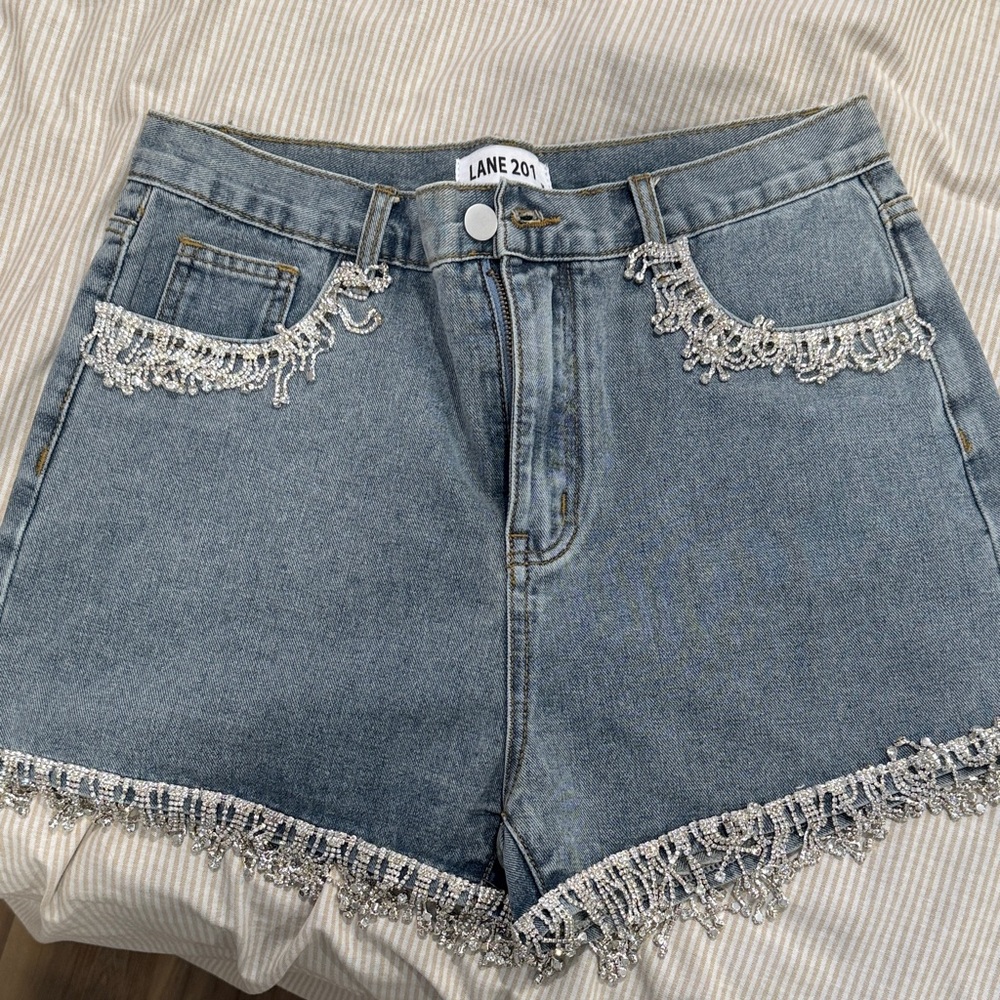 Women's Blue Denim Shorts with rhinestones